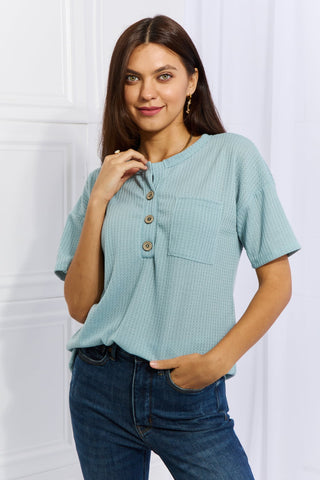 Heimish Made For You Full Size 1/4 Button Down Waffle Top in Blue Trendsi