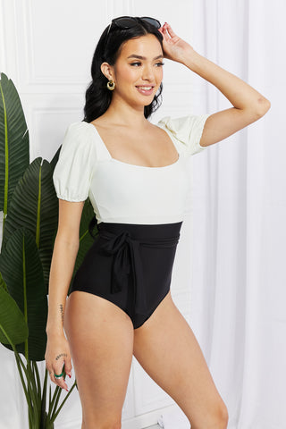 Marina West Swim Salty Air Puff Sleeve One-Piece in Cream/Black Trendsi