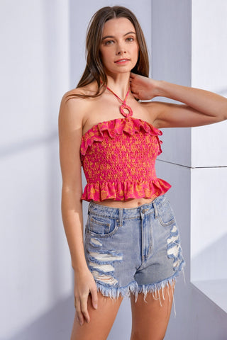 Mustard Seed Ruffled Smocked Backless Sleeveless Top Trendsi