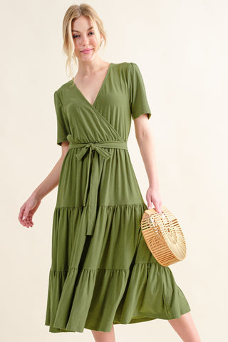 And The Why Soft Short Sleeve Tiered Midi Dress Trendsi