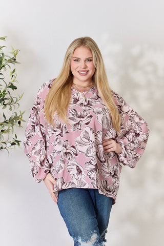 Heimish Full Size Floral V-Neck Balloon Sleeve Blouse Trendsi