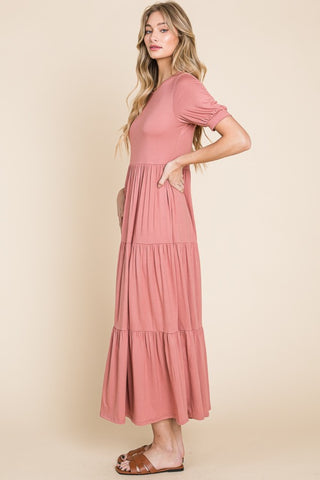 BOMBOM Short Sleeve Tiered Maxi Dress Trendsi