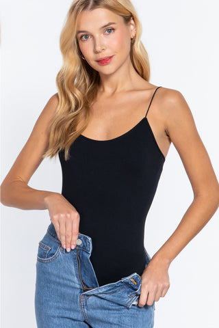 ACTIVE BASIC Ribbed Round Neck Seamless Cami Bodysuit Trendsi