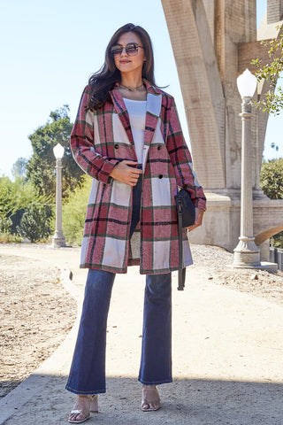 Double Take Full Size Plaid Button Up Lapel Collar Coat Trendsi