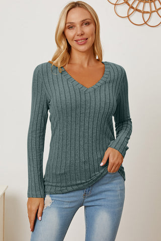 Basic Bae Full Size Ribbed V-Neck Long Sleeve T-Shirt Trendsi