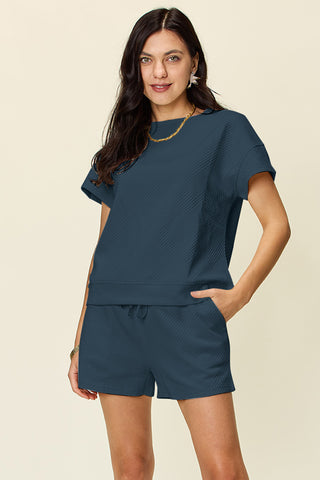 Double Take Full Size Texture Short Sleeve T-Shirt and Drawstring Shorts Set Trendsi