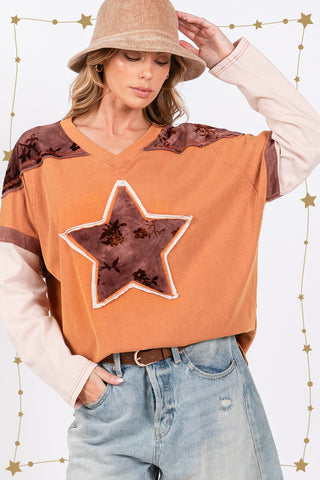 SAGE + FIG Star Patch Long Sleeve Color Block T-Shirt Trendsi