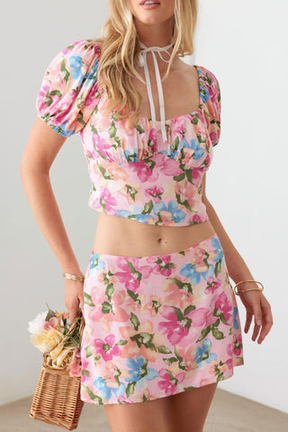 Le Lis Floral Puff Sleeve Crop Top and Mini Skirt Set Trendsi