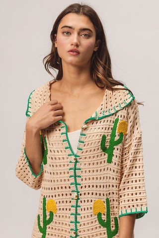 BiBi Edge Stitched Cactus Patch Sweater Cardigan Trendsi