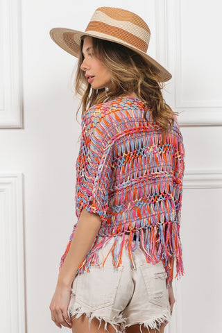 BiBi Open Front Fringed Crop Knit Cardigan Trendsi