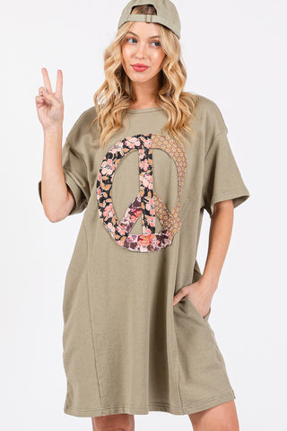 SAGE + FIG Full Size Peace Sign Applique Short Sleeve Tee Dress Trendsi