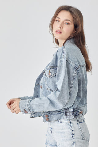 RISEN Full Size Button Down Cropped Denim Jacket Trendsi