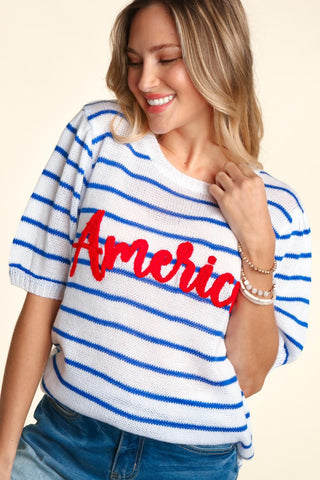 Haptics Letter Embroidery Striped Knit Top Trendsi