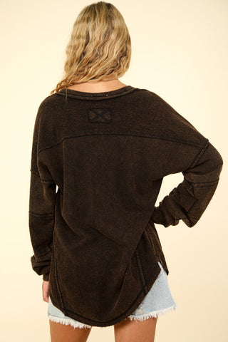 VERY J Washed V-Neck Exposed Seam Knit Top Trendsi