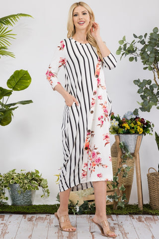 Celeste Full Size Floral Striped Contrast Midi-Dress with Pockets Trendsi