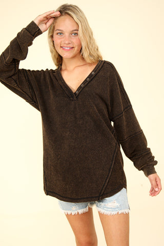 VERY J Washed V-Neck Exposed Seam Knit Top Trendsi