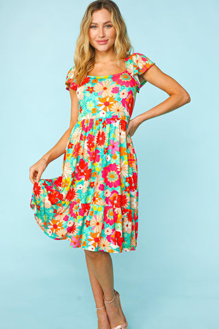 Haptics Floral Square Neck Short Sleeve Dress Trendsi