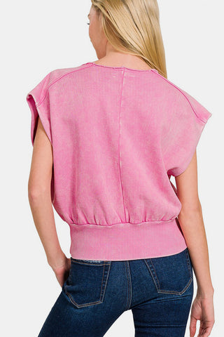 Zenana Washed Boat Neck Bottom Banded Dolman Sleeve Top Trendsi