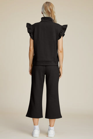 Double Take Full Size Texture Ruffle Short Sleeve Top and Wide Leg Pants Set Trendsi