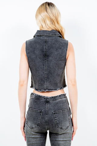 American Bazi Zip Up Washed Crop Denim Vest Trendsi