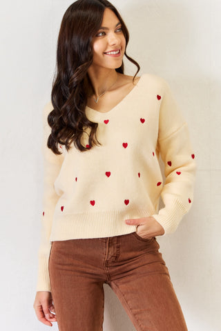 J.NNA Hearts Pattern V-Neck Sweater Trendsi