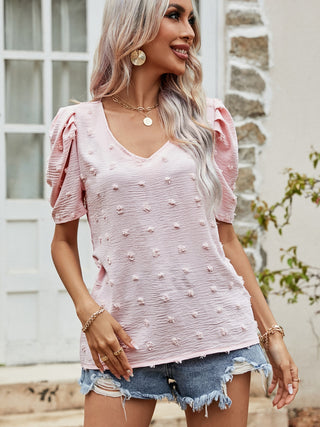 Swiss Dot Short Puff Sleeve Top Trendsi