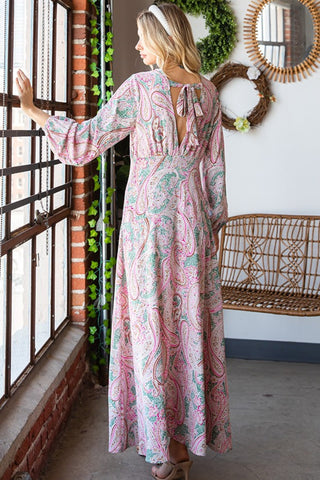 First Love Paisley Print Tie-Back Long Sleeve Maxi Dress Trendsi