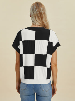 Double Take Full Size Checkered Round Neck Short Sleeve Sweater Trendsi