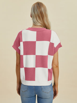 Double Take Full Size Checkered Round Neck Short Sleeve Sweater Trendsi