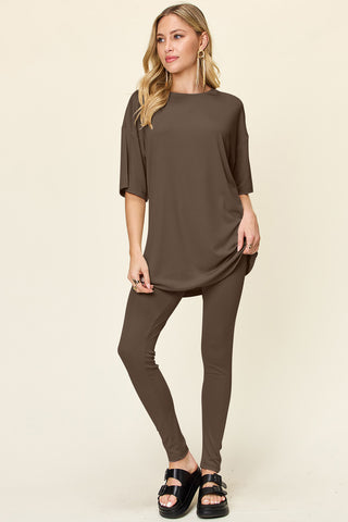 Double Take Full Size Round Neck Dropped Shoulder T-Shirt and Leggings Set Trendsi