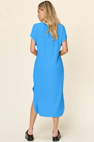 Double Take Full Size Round Neck Short Sleeve Slit Dress Trendsi