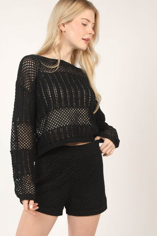 VERY J Openwork Cropped Cover Up and Shorts Set Trendsi