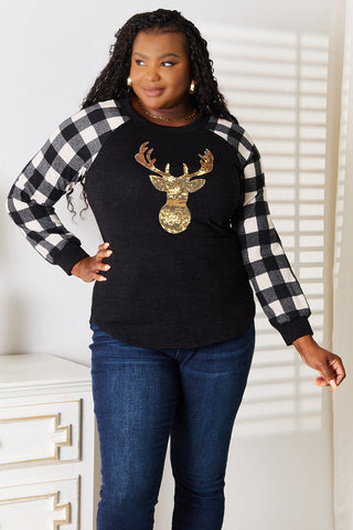 Heimish Full Size Sequin Reindeer Graphic Plaid Top Trendsi