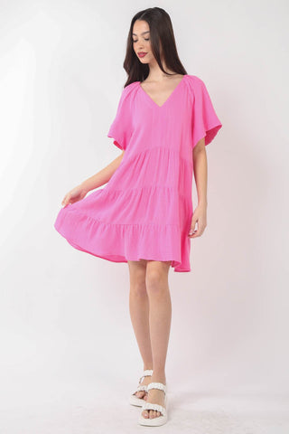 VERY J Texture V-Neck Ruffled Tiered Dress Trendsi