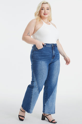 BAYEAS Full Size High Waist Two-Tones Patched Wide Leg Jeans Trendsi