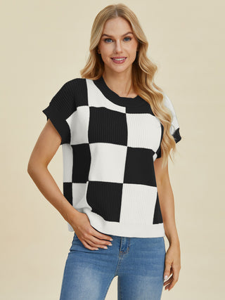 Double Take Full Size Checkered Round Neck Short Sleeve Sweater Trendsi