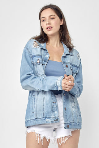 RISEN Full Size Distressed Long Sleeve Denim Jacket Trendsi