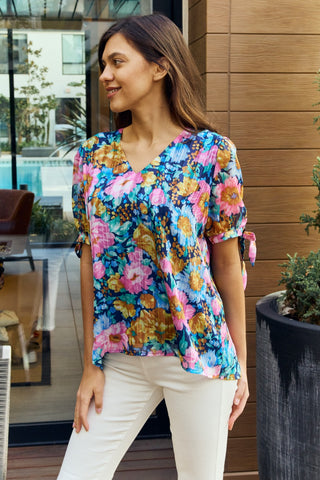 Petal Dew Full Size Floral V-Neck Tie Detail Blouse Trendsi