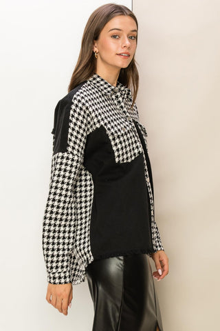 HYFVE Houndstooth Contrast Raw Hem Jacket Trendsi