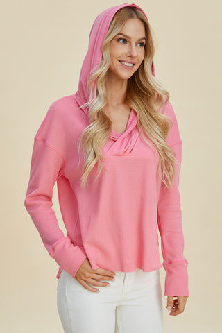 Double Take Full Size High-Low Dropped Shoulder Long Sleeve Hoodie Trendsi