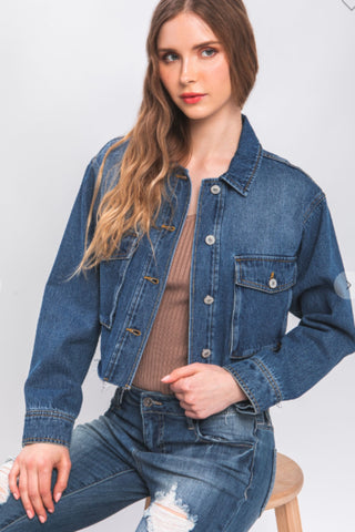 Love Tree Raw Hem Button Up Cropped Denim Jacket Trendsi