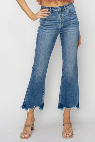 RISEN High Waist Raw Hem Flare Jeans Trendsi