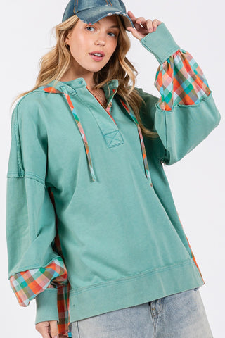 SAGE + FIG Full Size Plaid Print Washed Hoodie Trendsi