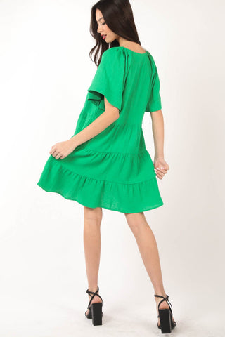 VERY J Texture V-Neck Ruffled Tiered Dress Trendsi