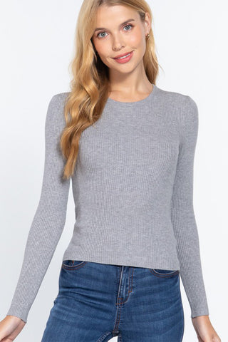 ACTIVE BASIC Full Size Ribbed Round Neck Long Sleeve Knit Top Trendsi