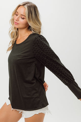 BiBi Round Neck Polka Dot Lantern Sleeve Top Trendsi