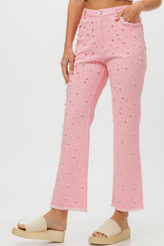 BiBi Washed Pearl Embellished Pants Trendsi