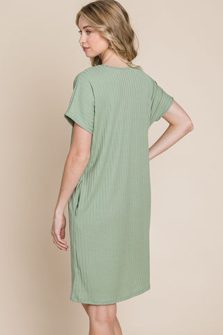 BOMBOM Ribbed Round Neck Short Sleeve Dress Trendsi