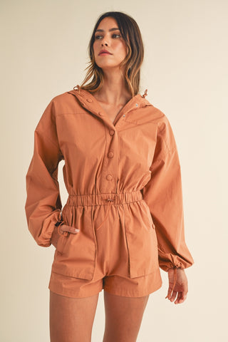 Mable Snap Down Long Sleeve Hooded Romper Trendsi