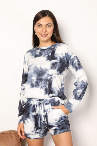 Shiny Tie-Dye Round Neck Top and Shorts Lounge Set Trendsi